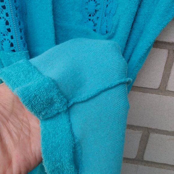 Vintage Housecoat Robe Wrap Front Blue Terrycloth Lace Size Medium Retro 70s 80s - Picture 7 of 8